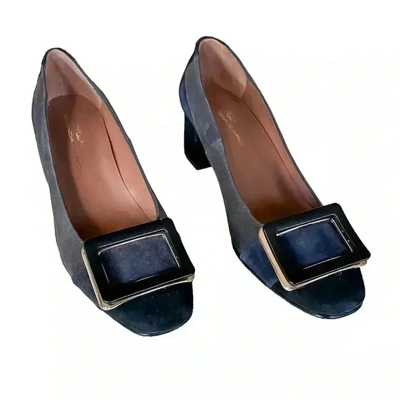 Brenda Zaro Navy Blue And Gray Suede Buckle Square Toe Heel - Picture 2 of 8